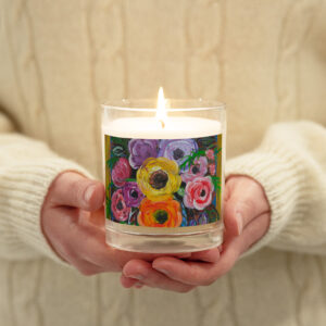 Glass jar soy wax candle featuring artwork by Annalisa - "Sweet Flowers"