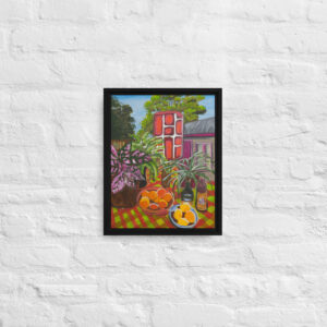 Framed canvas featuring artwork by Annalisa - "Backyard Bliss"